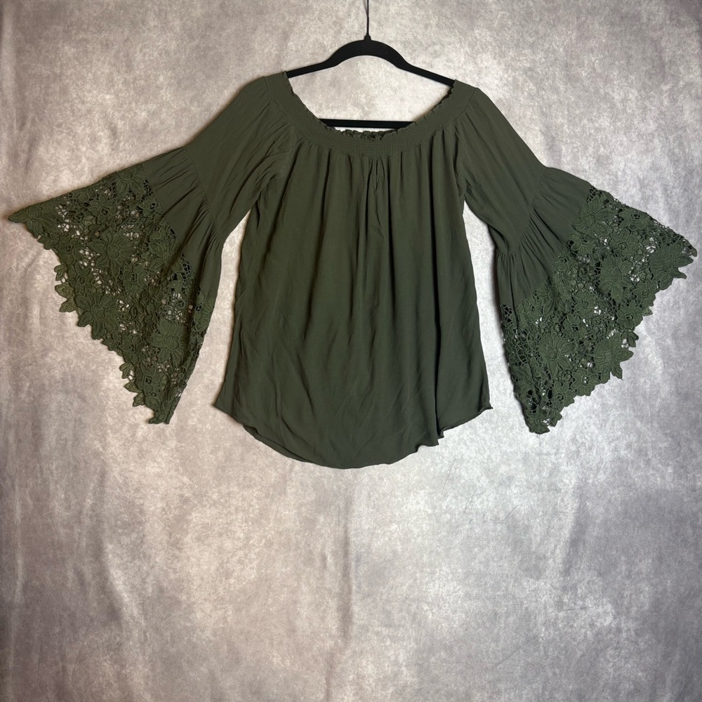 Whimsigoth Fairy Olive Green Bell Sleeve Off the Shoulder Free Size Top